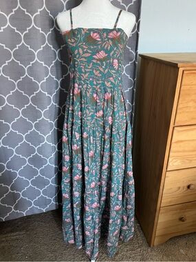 NWOT Raga x Anthropologie Deema Tiered Floral Strappy Maxi Dress Teal Pink Small
